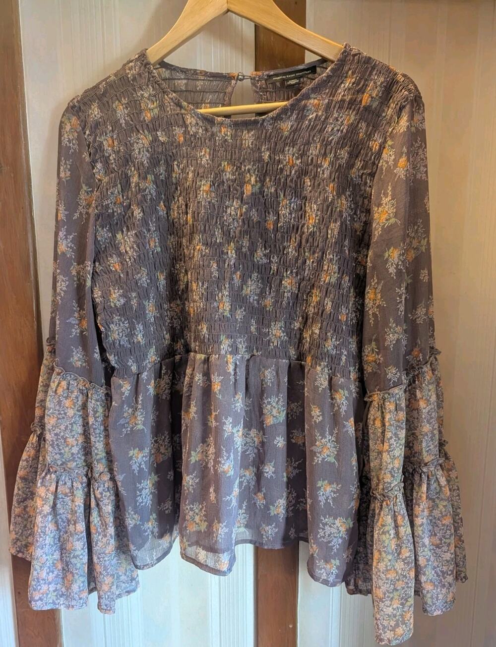 American Eagle Smocked Peplum Sheer Blouse Women's Medium Top Purple Beige
